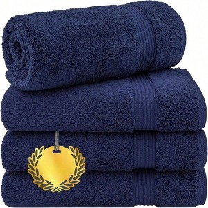 4 Piece Turkish Bath Towels, 100 Extra Large Soft Plush Navy Blue Bathroom Set (27 Inch X 54 Inch). - 1 of 4