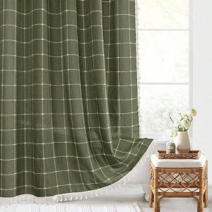Green Boho Farmhouse Shower Curtain with Tassels, Rustic Cottagecore Aesthetic, Thick Waffle Textured Fabric, 72x72 Inches - 1 of 4
