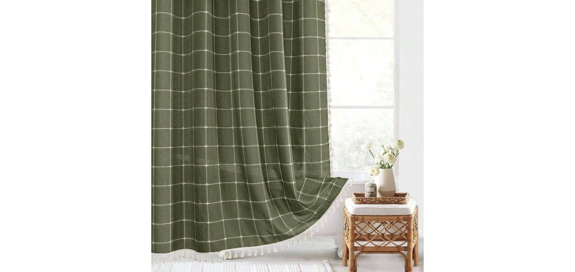 Green Boho Farmhouse Shower Curtain with Tassels, Rustic Cottagecore Aesthetic, Thick Waffle Textured Fabric, 72x72 Inches