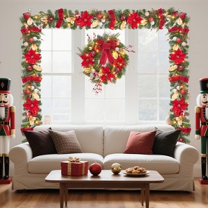 6FT Pre-Lit Christmas Garland with 20 LED Lights,  Red, Gold & Silver Ball Ornaments, Flowers, Ribbons, Battery Operated, for Indoor Outdoor - 1 of 4