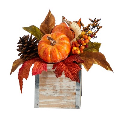 Nearly Natural 8-in Fall Pumpkin, Gourd, Berries and Pinecones Artificial Autumn Arrangement in Natural Washed Vase