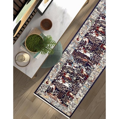 Navy Blue and Tan Floral Synthetic Runner Rug