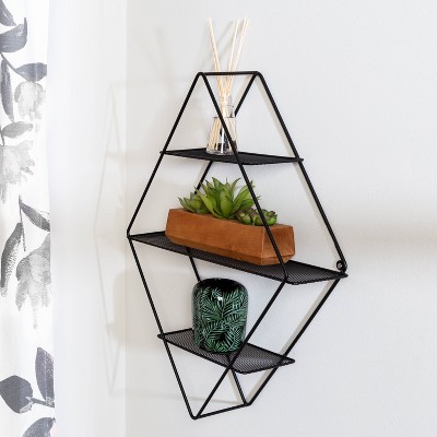 Black Geometric Steel 3-Tier Floating Wall Shelf