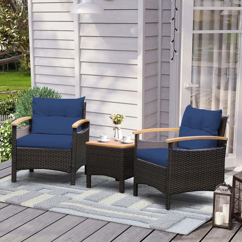 Costway 3PCS Patio Rattan Furniture Set Wooden Armrest Table Top Cushioned Deck, 4 of 11