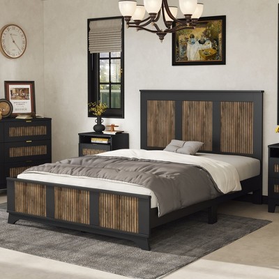 NicBex Farmhouse Wooden Full/Queen Platform Bed Frame with High Headboard and Footboard,Solid Wood Slats Support,No Box Spring Needed,Easy Assembly