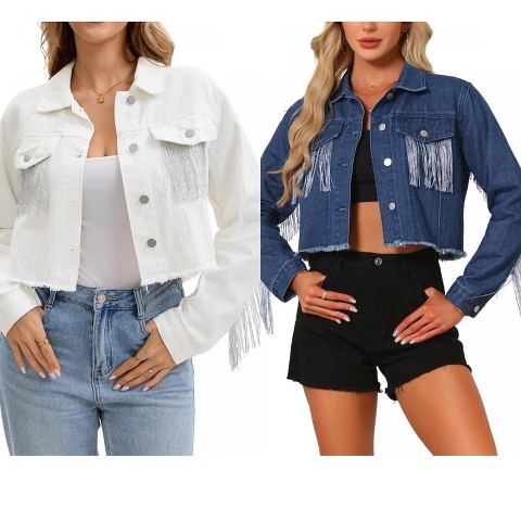 INSPIRE CHIC Women's Fringe Long Sleeve Frayed Hem Crop Denim Jacket Light Blue Small 2 Packs White/Dark Blue Large