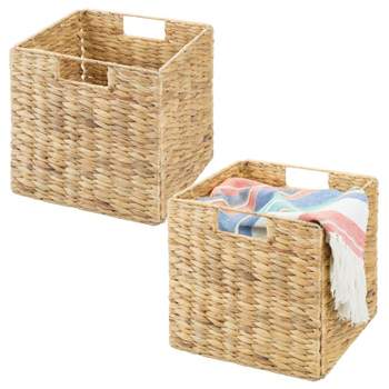 mDesign Hyacinth Woven Cube Bin Basket Organizer, Handles, 2 Pack, Natural/Tan
