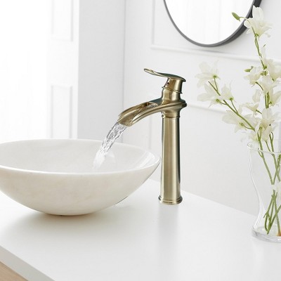 Brushed Gold Tall Single Handle Waterfall Vessel Sink Faucet