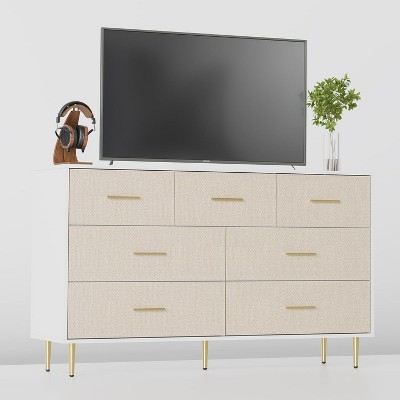 7-Drawer Dresser, Modern White Wood Dresser w/Gold Metal Handles & Legs, Bedroom Chest of Drawers Storage Organizer for Living Room Hallway