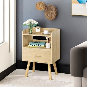 Natural Modern Nightstand with Fabric Drawer, Bedside Tables, Mid Century Nightstand with Open Storage Shelf - 1 of 4