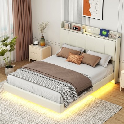 Queen Size Floating Bed with Storage Headboard, Modern Upholstered Platform Bed with Touch Sensor Night Light and USB Charger 4Q - ModernLuxe