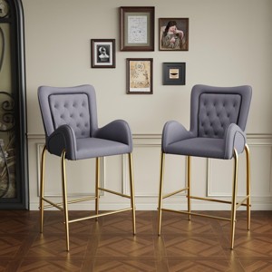 28" Upholstered Bar Stool Set Of 2,Velvet Fabric Bar Stools With Arms,Golden Legs And Footrests-Maison Boucle - 1 of 4