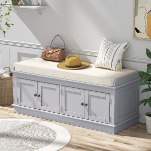42.7″ Storage Bench w/4 Doors and Adjustable Shelves,ShoeBench w/Removable Cushion & Seating for Entryway Living Room,White - 1 of 4