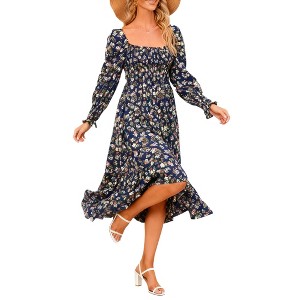 Women's Square Neck Smocked Top Long Sleeve Floral Maxi Dress Soft Breathable Ankle-Length Casual Boho Dress - 1 of 4