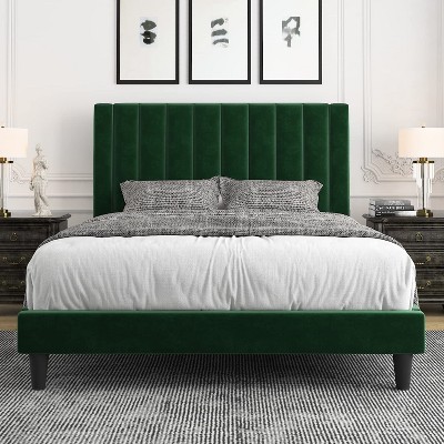 Allewie Bed Platform Frame/Velvet Upholstered Bed Frame with Vertical Channel Tufted Headboard/Strong Wooden Slats/Box Spring Optional