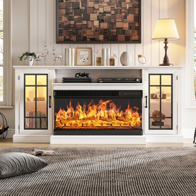 AOXUN 36 Inch 3-Sided Glass Fireplace TV Stand for TVs up to 80", Rustic Media Entertainment Center Console Table, White