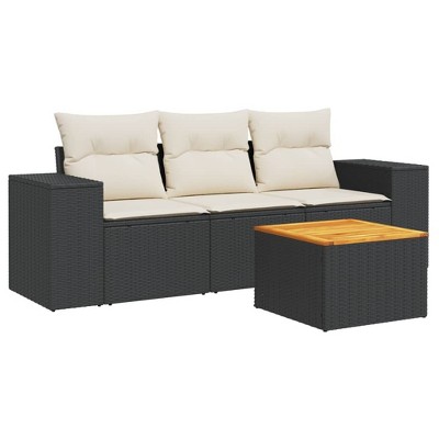 vidaXL Patio Sofa Set with Cushions Outdoor Furniture 4 Piece Poly Rattan - Black and Cream