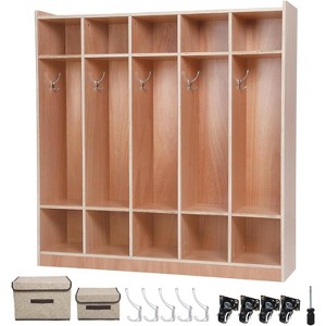 5 Section Coat Locker with Wheels,Wooden Storage Cabinet Cassroom Storage Glazed Surface Cubby,Mobile Storage,Anti-Tip Kit,5 Hooks 10 Cubbies - 1 of 4