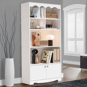 Homhougo 5 Tier Modern Bookcase with Doors, Brown Wood Bookcase Storage Organizer Shelf, 63 in Tall Display Storage Shelves, White - 1 of 4