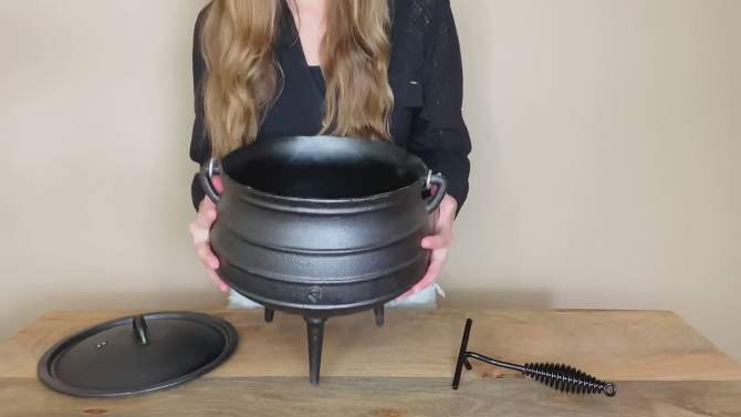Bruntmor 8 Quarts Black Pre-Seasoned Cauldron Cast Iron Potjie Pot | 3 Legs for Even Heat Distribution | Premium Camping Cookware, 2 of 8, play video
