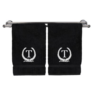 BC BARE COTTON Monogrammed Hand Towel, 100% Turkish Cotton - Set of 2 - Black - White Wreath