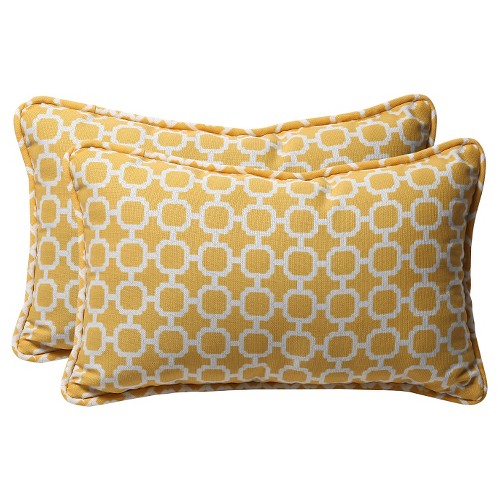 Outdoor 2 Pc Lumbar Toss Pillow Set - Yellow/White Geometric - Pillow Perfect, Yellow White