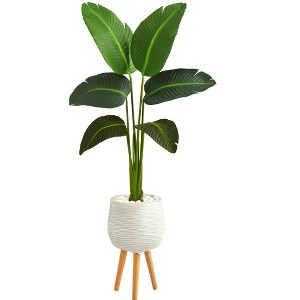 Nearly Natural 5-ft Travelers Palm Artificial Plant in White Planter with Stand (Real Touch) - 1 of 4