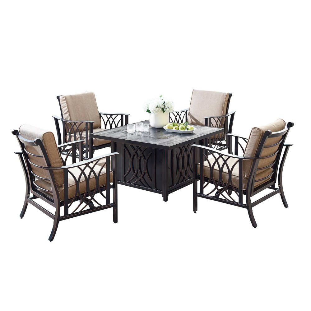 5pc Set with 42"" Square Outdoor Aluminum Fire Table & 4 Deep Seating Chairs - Oakland Living -  85307706