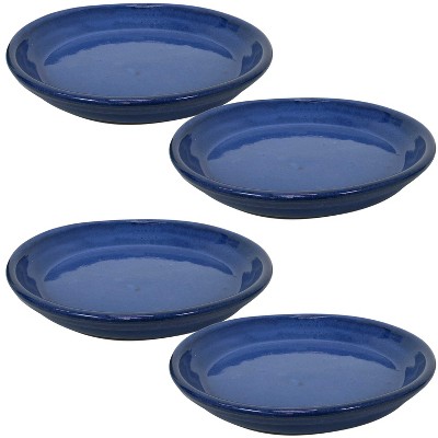 Sunnydaze Outdoor/Indoor High-Fired Glazed UV- and Frost-Resistant Ceramic Flower Pot Planter Saucers - 9" Diameter - Imperial Blue - 4-Pack