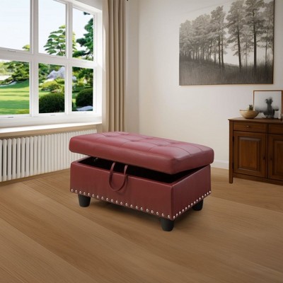 DOMETOUR Faux Leather Synthetic Leather Storage Ottoman for Living Room Red