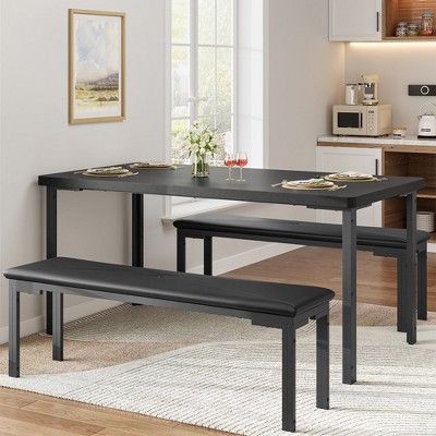 WhizMax 3 Pieces Dining Room Table Set for 4, Kitchen Table Set with 2 Upholstered Benches, Modern Dining Table Chair for Home, Apartment, Black