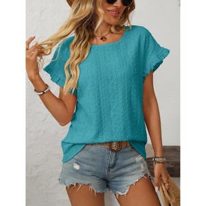 Womens Tops Summer Round Neck Short Sleeve Hollow T Shirt Blouse - 1 of 4