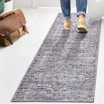 Didim Gray and Purple Medallion Washable Runner Rug