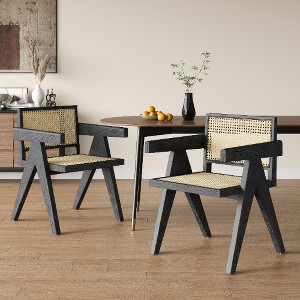 Lyngins Farmhouse Rattan Dining Chairs (Set of 2) – Solid Wood Kitchen Chair with Perforated Rattan, Living Room Arm Chair - 1 of 4