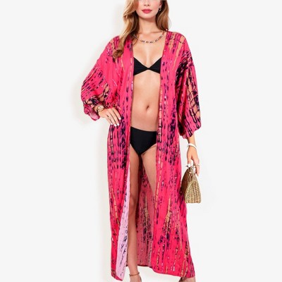 Anna-Kaci Swim Women's Tie-Dye DusterStyle Cover-Up With Open Front And Long Length- One Size Fits Most, Red
