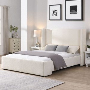 KTMBDW Elegant Bed Frame/Wingback Headboard/Upholstered Platform Bed/Strong Wooden Slats/No Box Spring Needed/Easy Assembly/White - 1 of 4