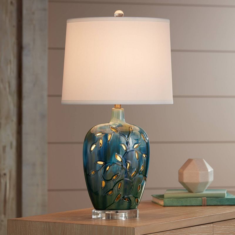 360 Lighting Devan Modern Table Lamp 24 1/2" High Blue Ceramic with LED Nightligh White Oval Shade for Bedroom Living Room Bedside Nightstand Office, 3 of 10
