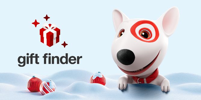  Bullseye the dog pop up over a snowbank next to the Gift Finder logo.