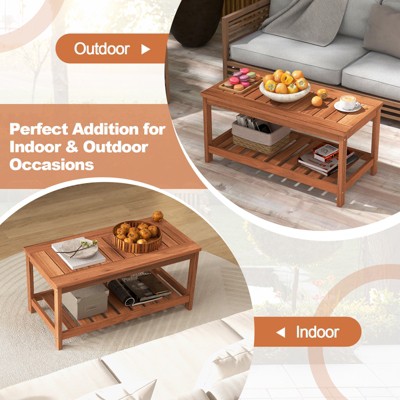 Natural Hardwood 2-Tier Outdoor Coffee Table with Slatted Shelf