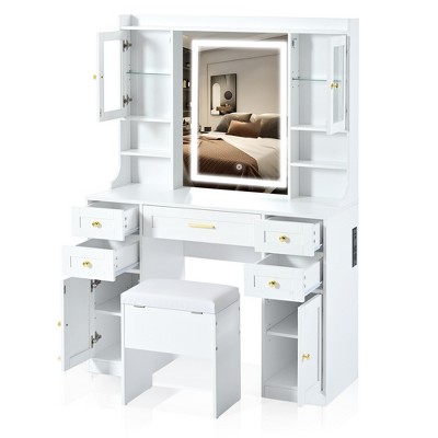 YOOCOZZ 41.4" Makeup Vanity Desk with Mirror, Lights, and Charging Station - White