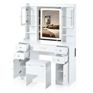 YOOCOZZ 41.4" Makeup Vanity Desk with Mirror, Lights, and Charging Station - White - 1 of 4
