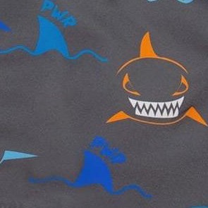 orange, red, and blue sharks on gray