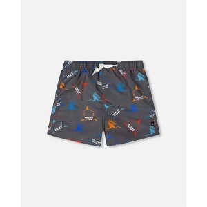 Deux par Deux Boy Printed Boardshorts Orange, Red, and Blue Sharks on Gray - 1 of 4