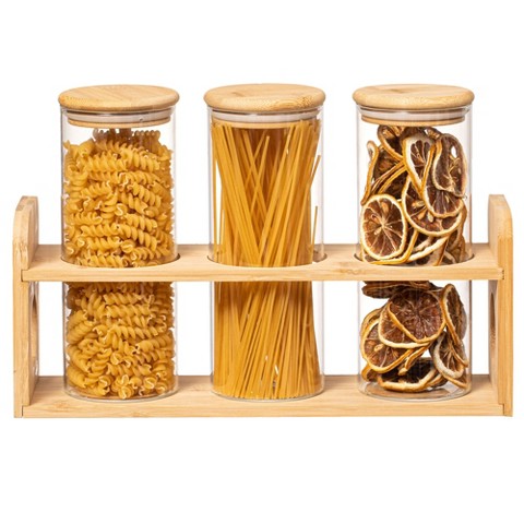 Basicwise 3 Pcs 30oz Glass Jars with Bamboo Shelf for Storing Coffee, Sugar, and Grains, Airtight Canisters for Nuts, Pasta.Ideal for Kitchen & Pantry