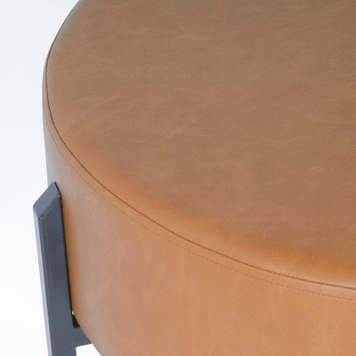 Carmel Faux Leather Round Ottoman with Black Metal Legs