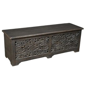 HomeRoots 52" Black Distressed Solid Wood Carved Floral Storage Ottoman - 1 of 4
