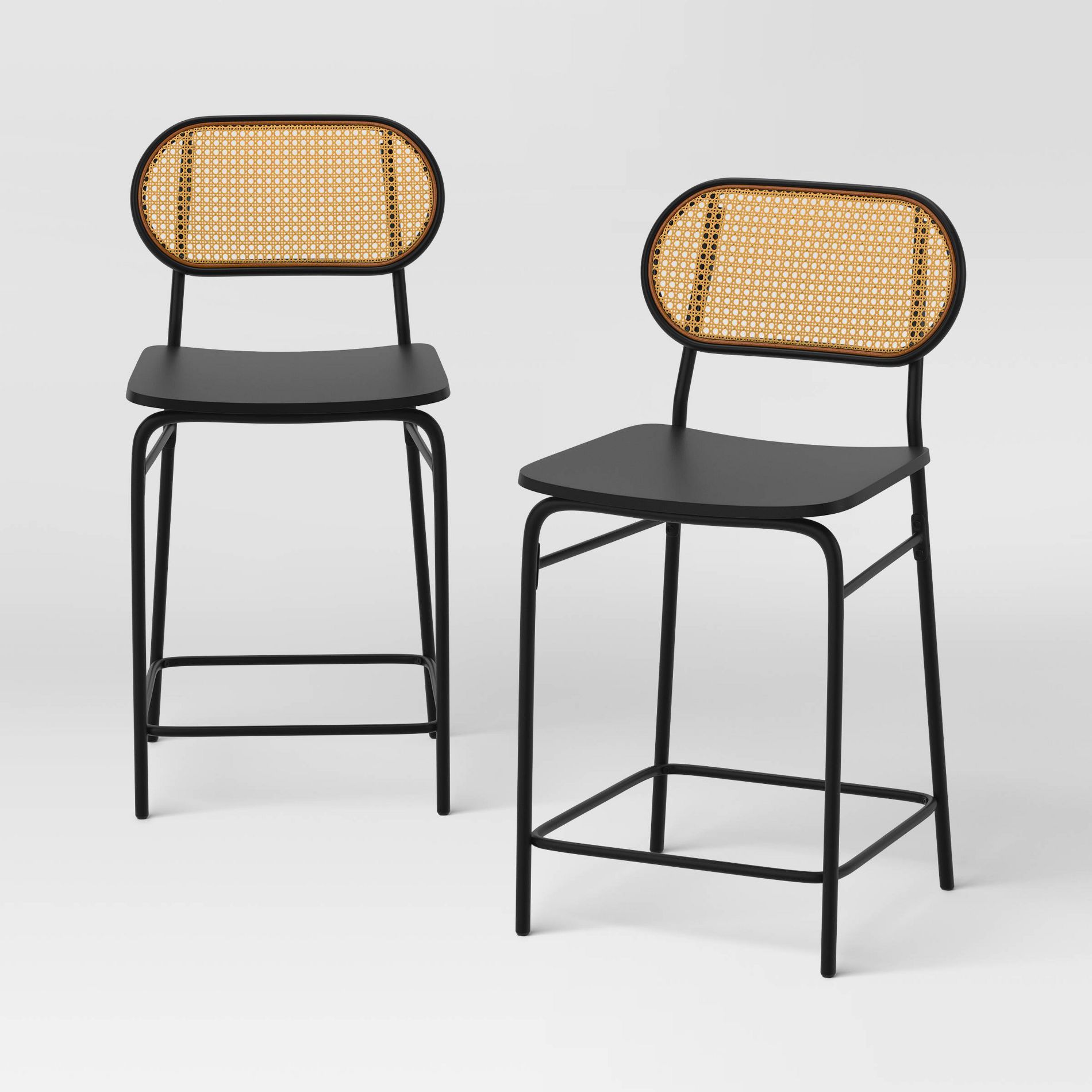 Set of 2 24" Wicker Back Metal Counter Height Barstool with Footrest Black - Room Essentials™