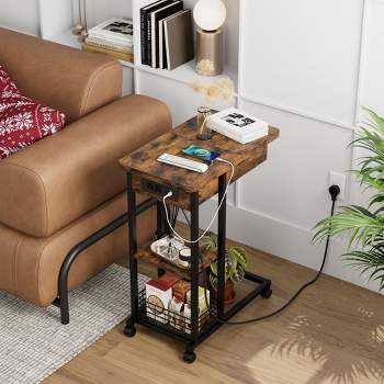 Whizmax C Shaped End Table with Charging Station, Flip Top Sofa Side Table with USB Ports and Outlets for Living Room Bedroom, Brown