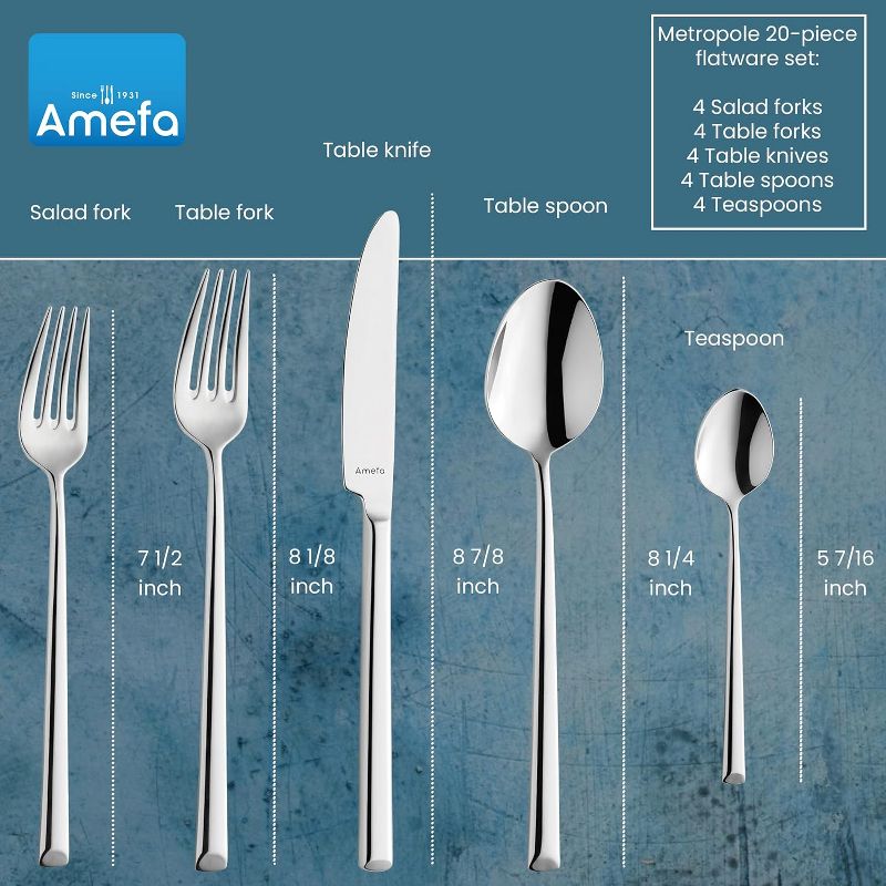 Amefa Metropole 20-Piece Premium 18/10 Stainless Steel Flatware Set, High Gloss Mirror Finish, Silverware Set Service for 4, Rust Resistant Cutlery, 2 of 8