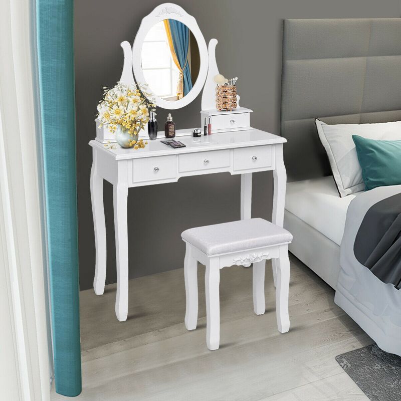 Costway Bedroom Wooden Mirrored Makeup Vanity Set Stool Table Set White 5 Drawers, 1 of 11